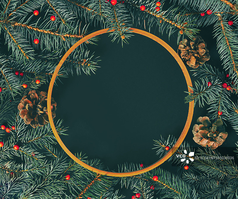 松枝、松果、红莓和木圈躺在黑色的背景上。最小的平面构图，圣诞和新年的优雅装饰概念与复制空间图片素材