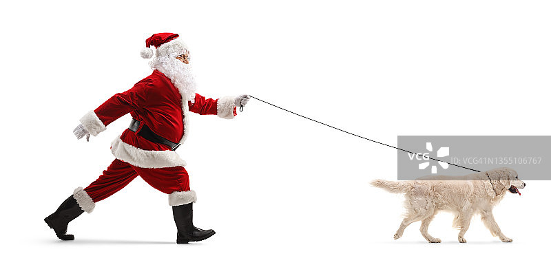一个圣诞老人带着一只猎犬奔跑的完整侧面照片图片素材