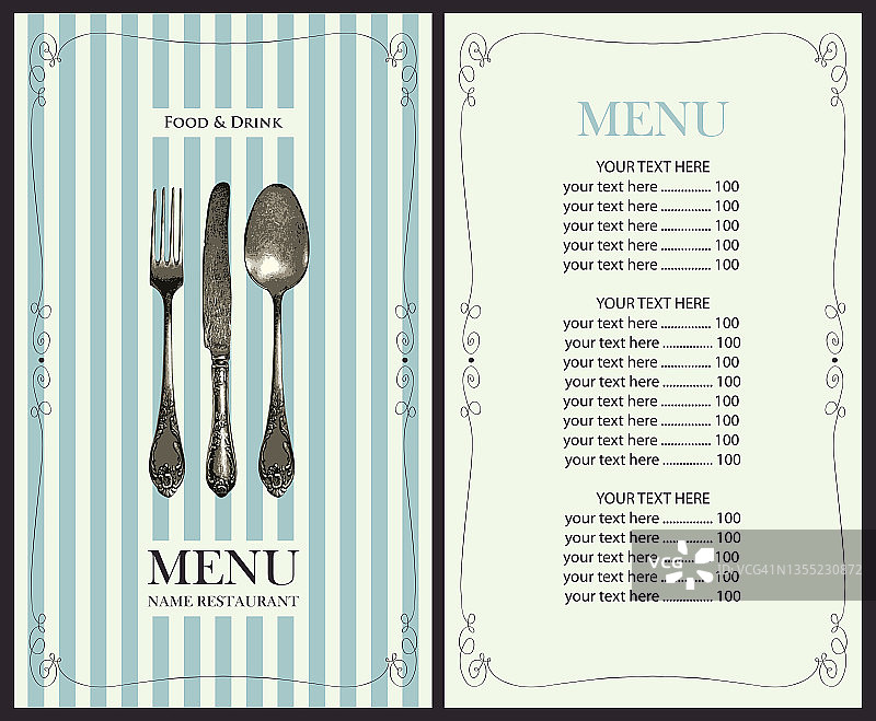 餐厅菜单，价目表和银制餐具图片素材