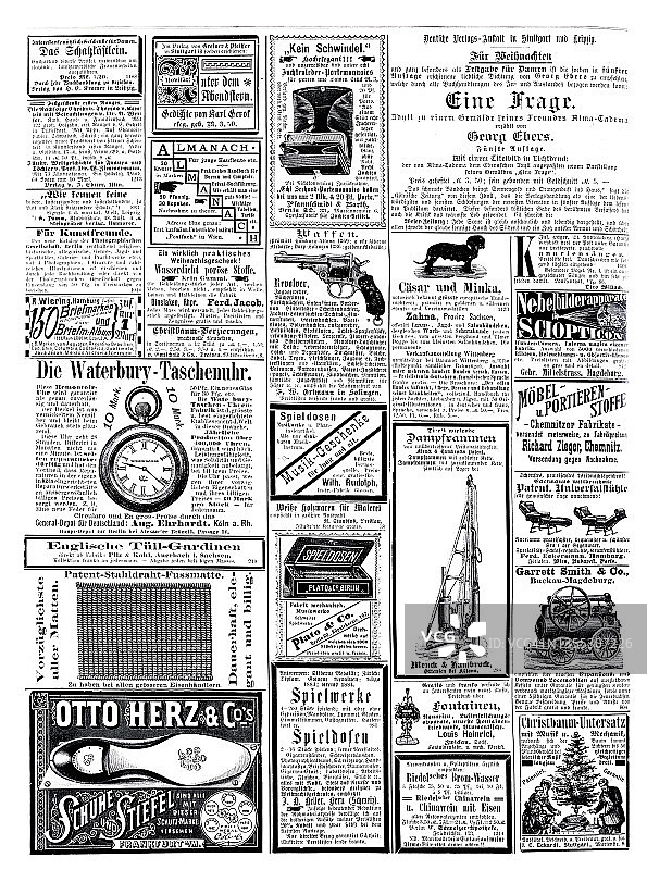 德国杂志1887上的广告，包括沃特伯里怀表图片素材