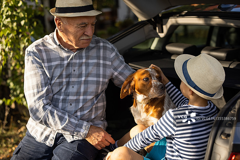 爷爷和孙子坐在汽车后备箱和狗玩图片素材
