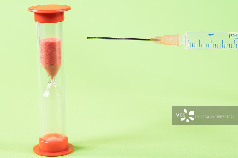 注射COVID-19疫苗的注射器和一个沙漏代表很大一部分人接种疫苗之前的时间。图片素材