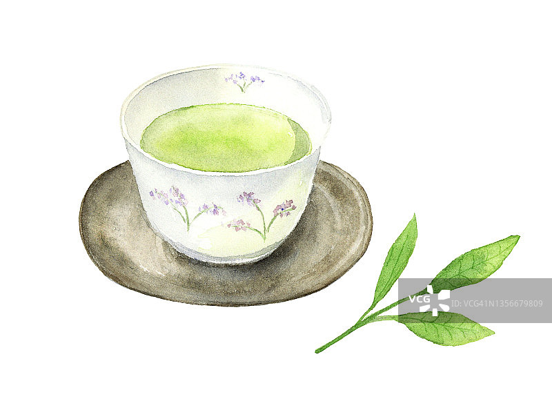 日本茶和茶叶的水彩画插图图片素材