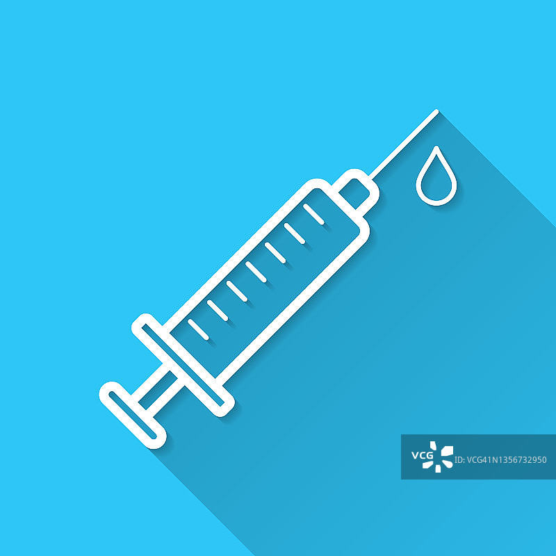 注射器注射-接种疫苗。图标在蓝色背景-平面设计与长阴影图片素材