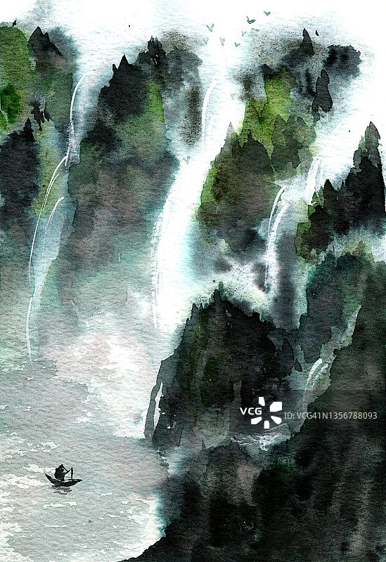 山脉与瀑布和鸟类的插图图片素材