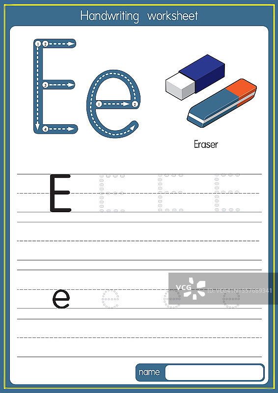 矢量演示橡皮擦与字母E大写字母或大写字母的儿童学习练习ABC图片素材