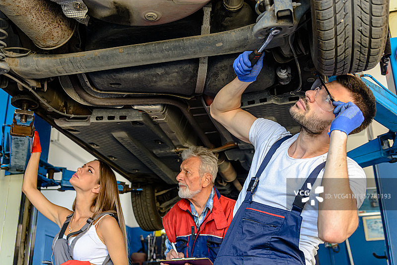 在一个机械车间里，两名汽车修理工和一名资深男同事在一辆吊起的汽车下工作。图片素材