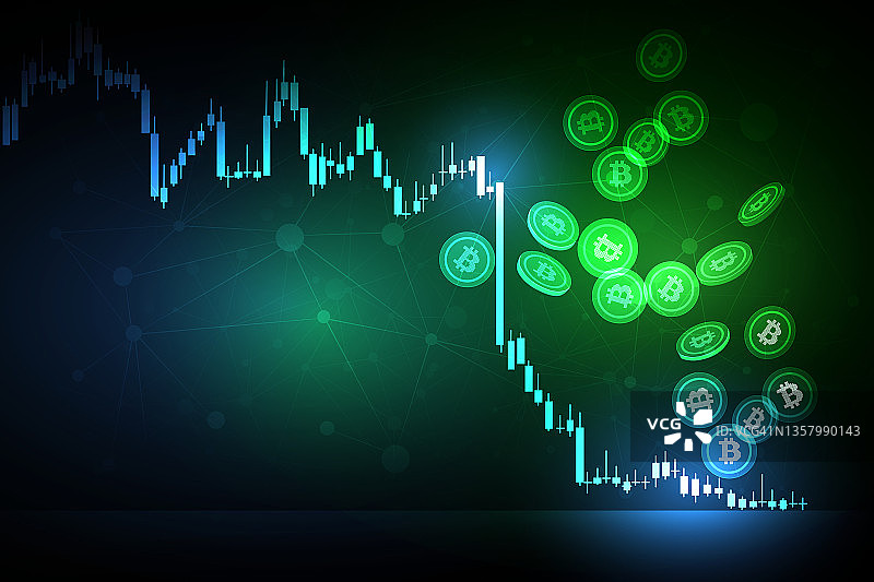 Falling down加密货币插图概念，以绿色霓虹灯为背景，以比特币为标志的加密货币的Falling down图。图片素材