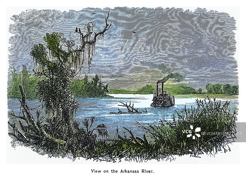 老雕刻插图的看法阿肯色河，密西西比河的主要支流图片素材