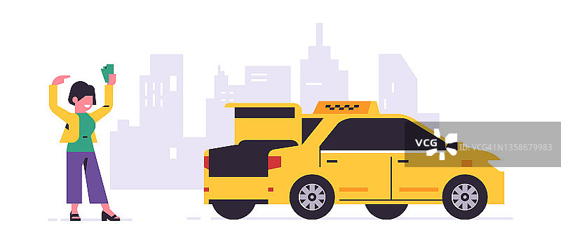 网上叫车服务。黄色出租车的司机，乘客，运输的人。有钱的女孩，城市，出租车。矢量插图孤立的背景。图片素材