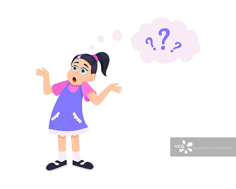 小疑问女孩孩子问问题的平风格设计矢量插图孤立在白色的背景。图片素材