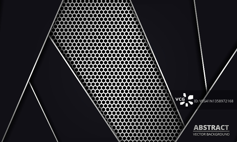 银色蜂窝纹理网格与黑色形状。灰色金属六角碳纤维抽象背景图片素材