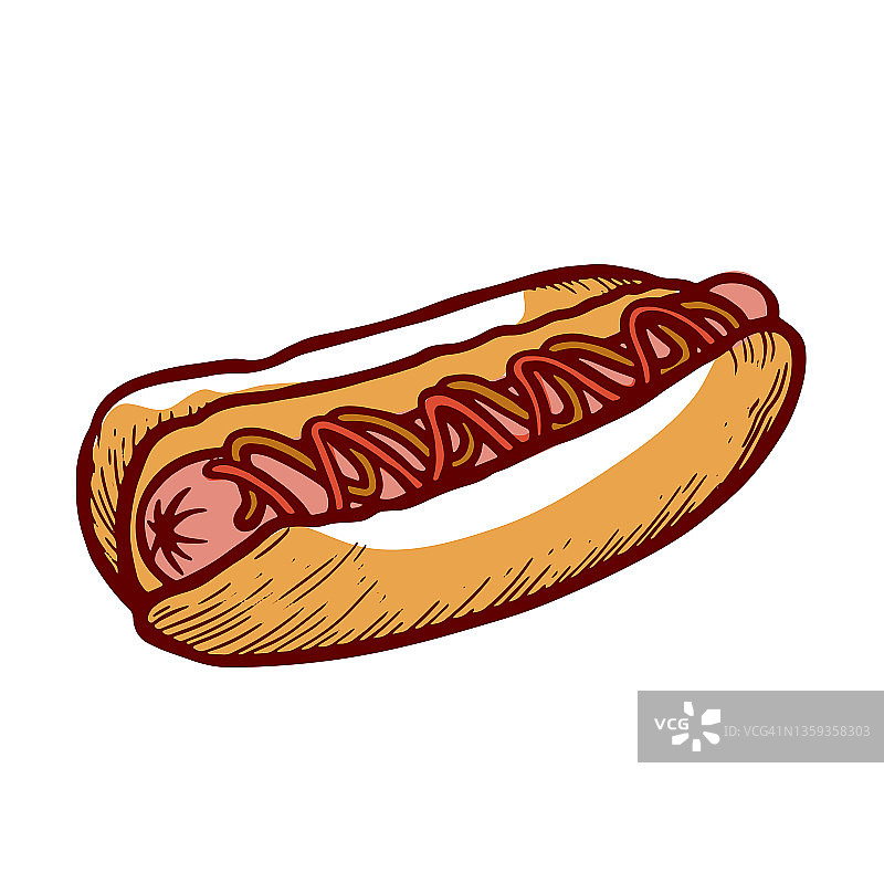 新鲜开胃热狗香肠，面包，番茄酱和芥末矢量雕刻插图图片素材