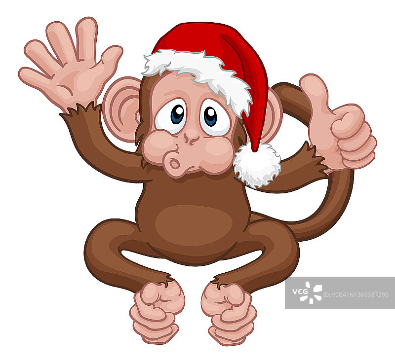 圣诞猴子卡通人物戴着圣诞帽图片素材