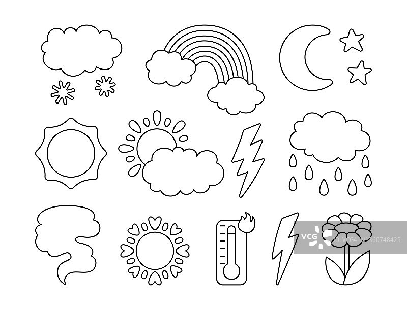 气象线图标设置太阳云雨闪电温度计气候气象信息图形标志图片素材