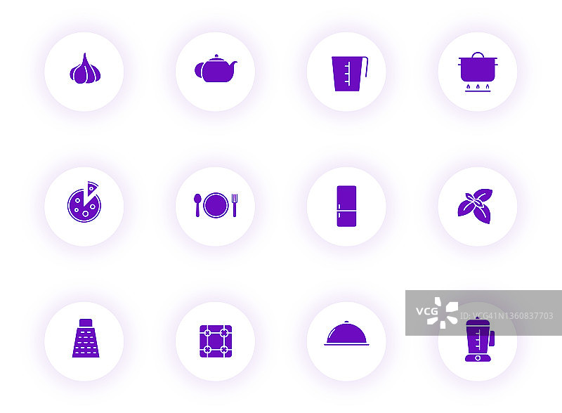 厨房紫色矢量图标上的光圆形按钮紫色阴影。厨房图标设置网页，移动应用程序，UI设计和打印图片素材