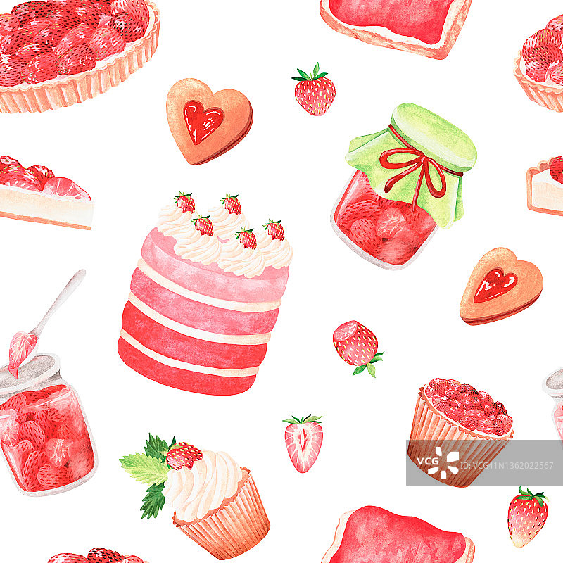 草莓糖的无缝图案。水彩的插图。孤立在一个白色的背景图片素材