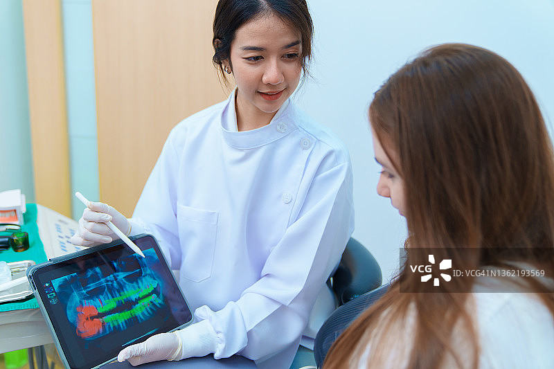 牙科医生在数码平板屏幕上展示牙齿x光片，在牙科诊所进行牙科咨询。图片素材