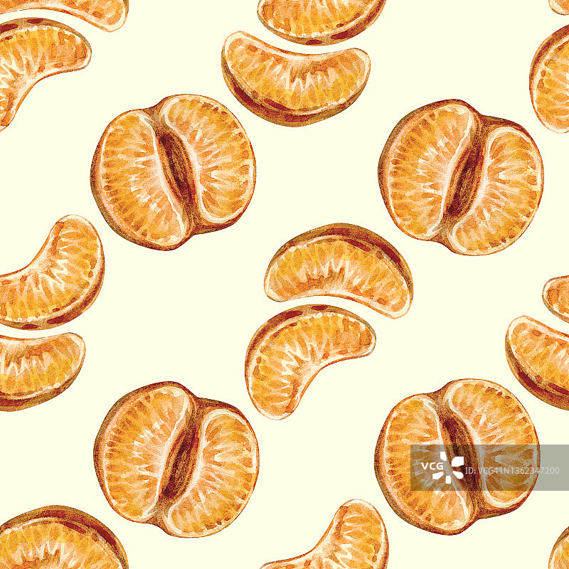 无缝图案与橘子。明亮的水果收集的手绘插图。图片素材