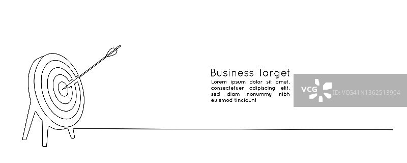 在目标中心连续画一条箭头线。战略营销或商业概念与董事会和射击靶心在简单的线性风格。可编辑的中风。画矢量图图片素材
