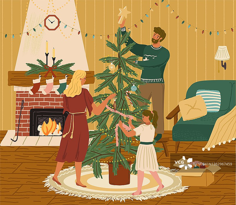 幸福的家庭用装饰品和花环装饰圣诞树。人们正在准备2022年新年和圣诞节的庆祝活动。彩色矢量插图在手绘风格风格图片素材