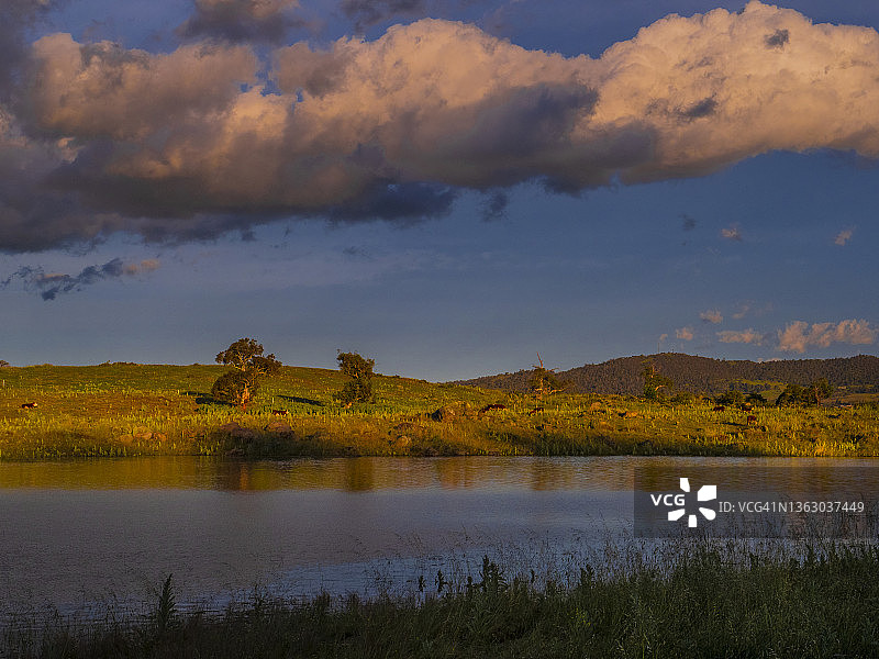 夏天傍晚的阳光照射在金达宾湖，雪山，新南威尔士州。图片素材