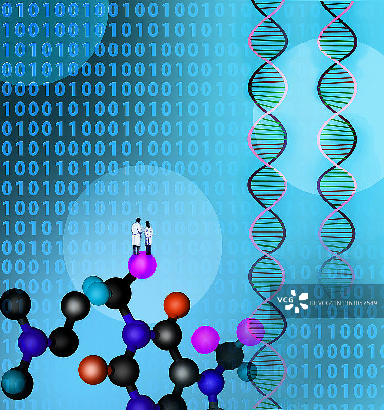 两个科学家的概念图像与二进制编码DNA和分子描绘科学生物学和dat技术图片素材