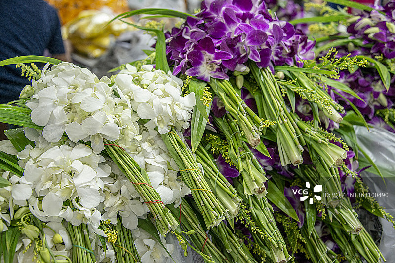 在泰国曼谷的白khlong Talad花卉市场，一丛丛紫色和白色的兰花图片素材