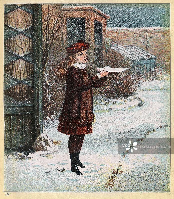 年轻的女孩抓着雪花，在雪中玩耍，维多利亚时代的童年怀旧，19世纪图片素材