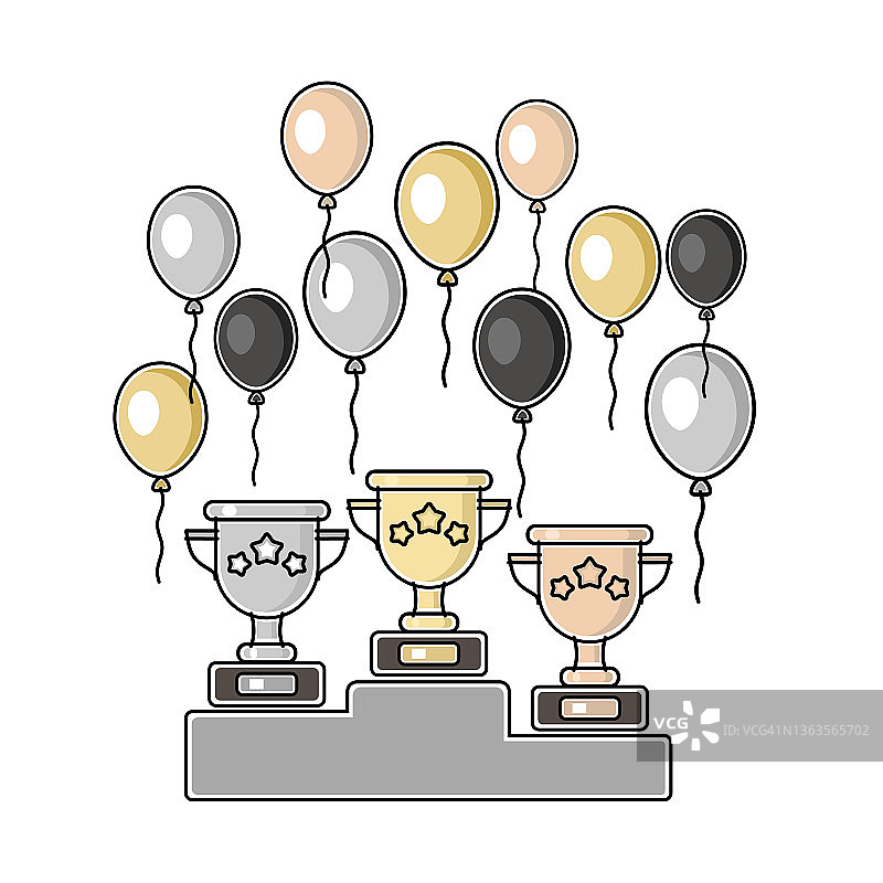 金、银、铜杯的优胜者可获得1、2、3个奖品和彩色气球图片素材