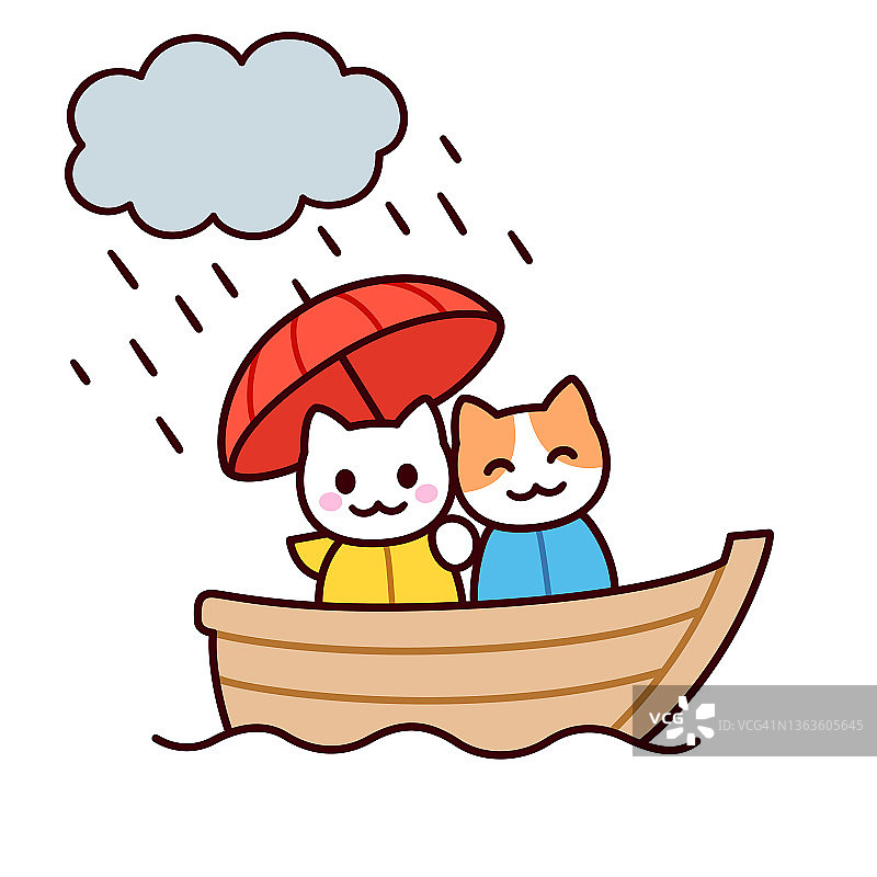 可爱的猫咪情侣带着雨伞在船上图片素材