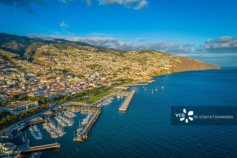 鸟瞰Funchal港口和马德拉山区的住宅区图片素材