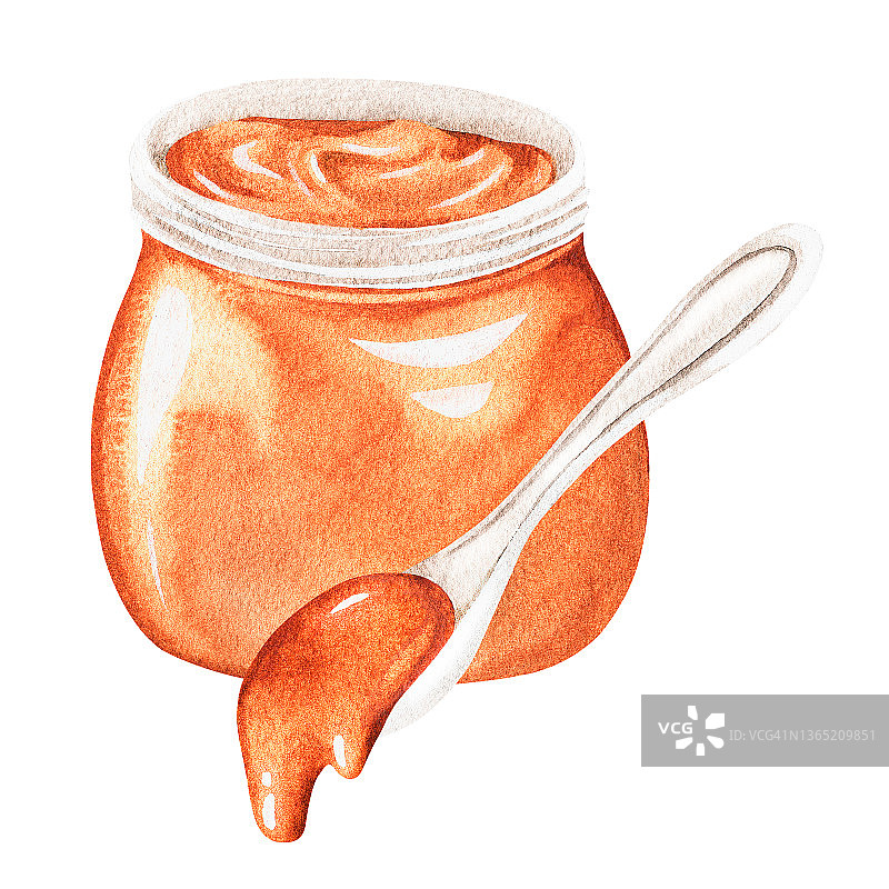 一罐焦糖和勺子。一罐蜂蜜。水彩插图。孤立在一个白色的背景图片素材