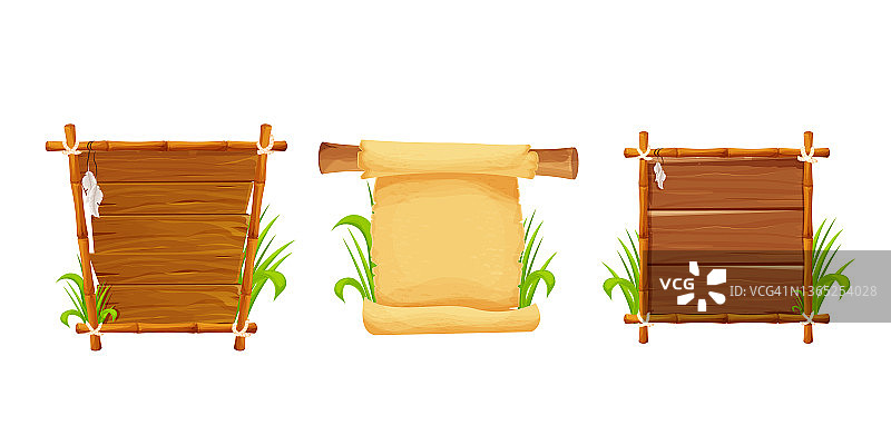 集框架从竹棒，木板，羊皮纸装饰绳子，草和藤条在漫画卡通风格孤立在白色背景上。边界,丛林面板。游戏资产,菜单。图片素材
