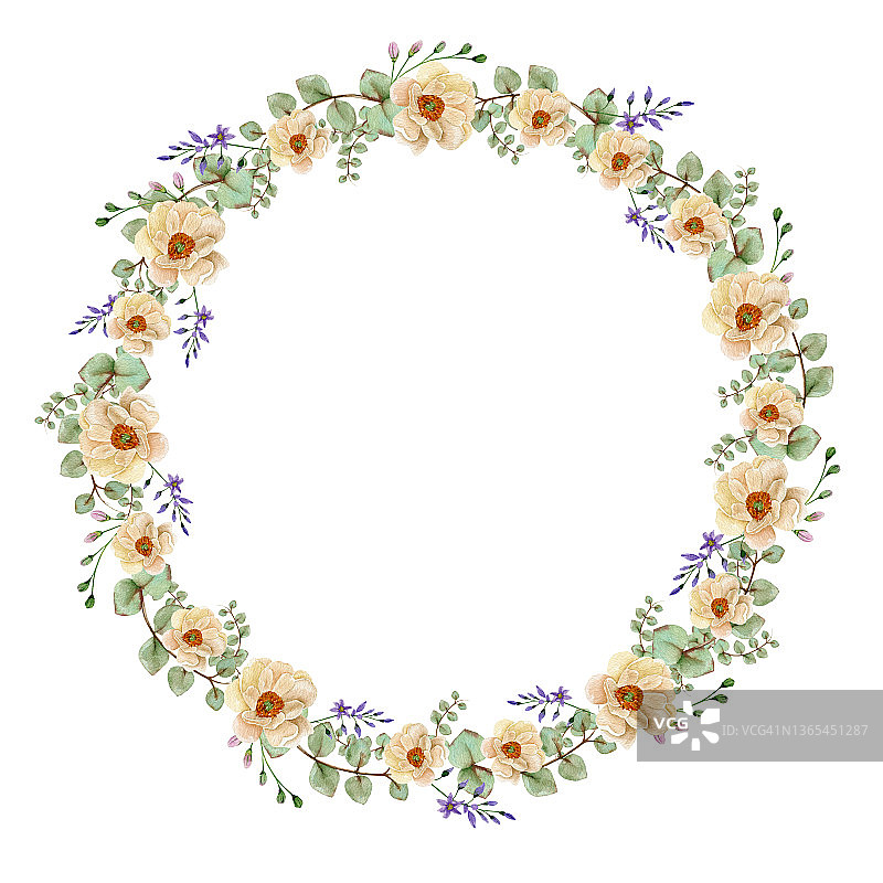 美丽的花环。水彩圈框架。优雅的花卉收集与叶子和花朵，手绘水彩。设计邀请，婚礼或贺卡图片素材