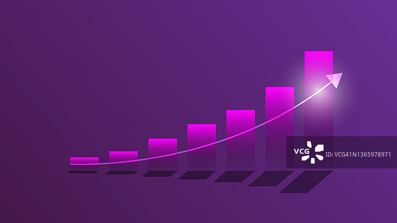 紫色背景的柱状图和向上趋势箭头线图显示企业利润图片素材