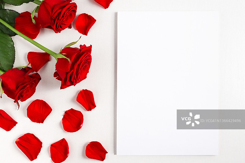贺卡模型与红色的玫瑰和花瓣在白色木制桌子顶视图。模板与复制空间设计的情人节，母亲节，婚礼，平lay。图片素材