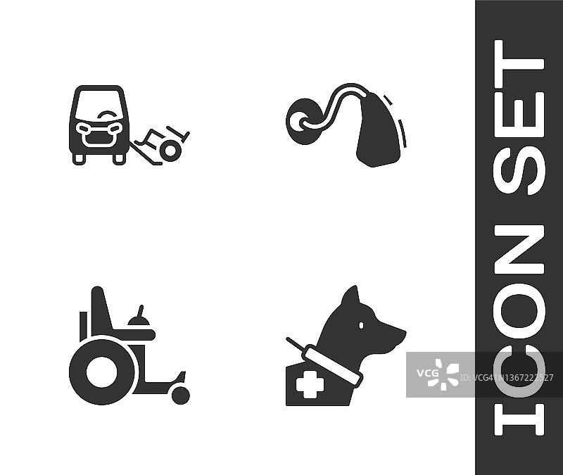 设置导盲犬、残障车、电动轮椅和助听器图标。向量图片素材