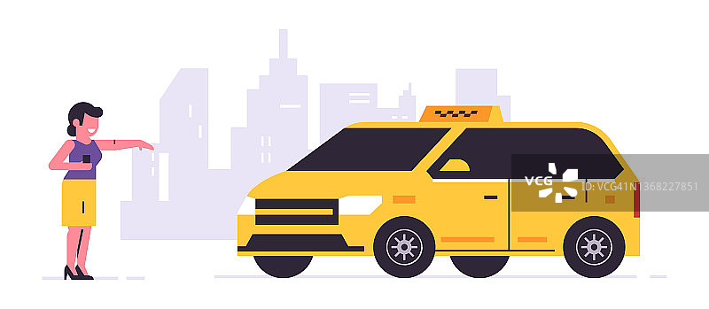 网上出租车订购服务。一辆黄色出租车的司机，一名乘客，一辆交通工具。女孩在等车，城市，出租车。矢量插图孤立的背景。图片素材