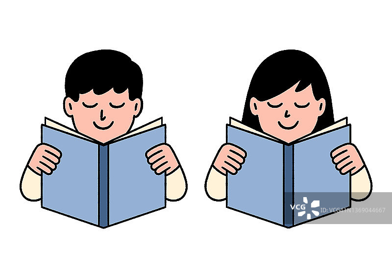 男人和女人阅读一本书的标志图标。手绘，可爱的角色，矢量插图。图片素材