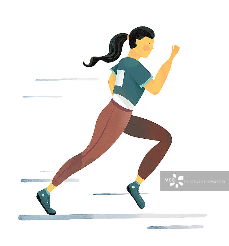 一个黑头发的年轻女子跑马拉松。平面插图与纹理在白色背景图片素材