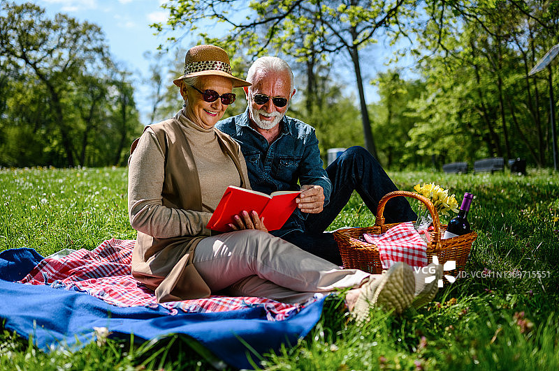 老夫妇看书，享受野餐图片素材