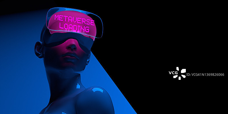 蓝色女性网络霓虹粉红色META VERSE加载文字护目镜在几何黑暗的背景图片素材