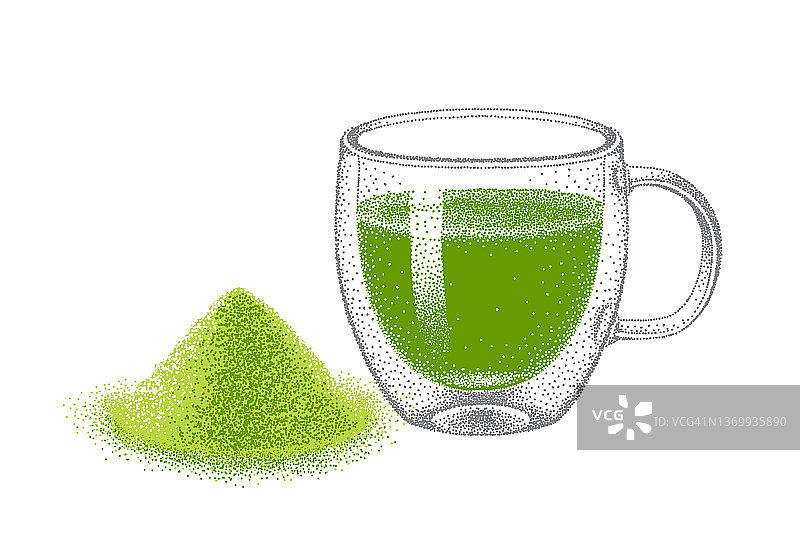 双层玻璃杯抹茶绿茶。绿茶粉。现实的草图。插图在复古风格，点彩主义。手绘向量。图片素材