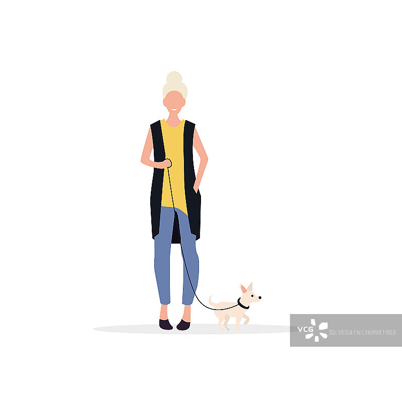 一个女人牵着她的狗散步。有时间和你的宠物在一起。平的风格。向量清净。图片素材