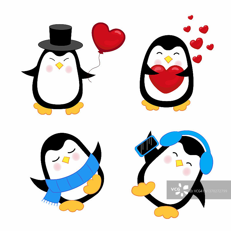 一组可爱的舞蹈，听着音乐和有趣的企鹅。假日企鹅字符孤立向量插图集。有趣的假期企鹅。角色鸟跳舞插图。图片素材