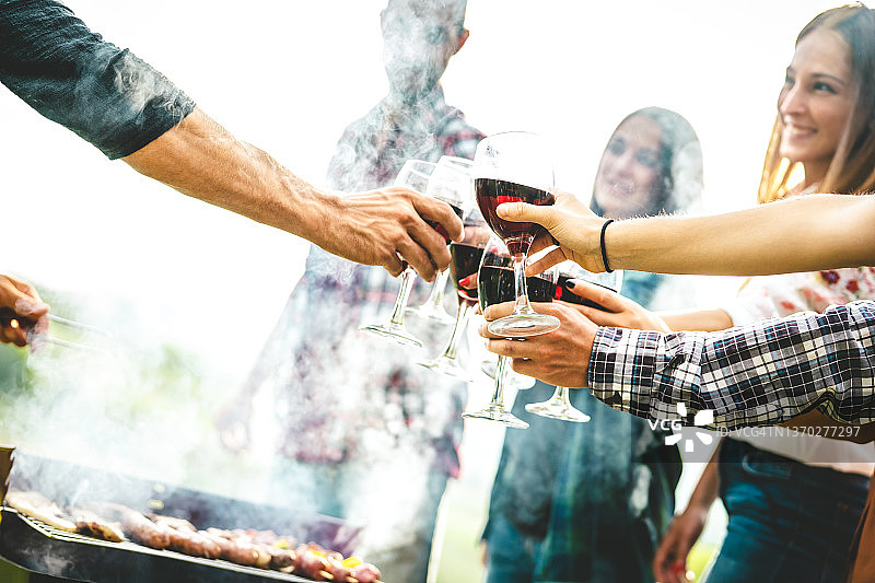 与年轻朋友一起在农家葡萄园乡间享受丰收时光的生活方式理念——专注于手握红酒酒杯图片素材
