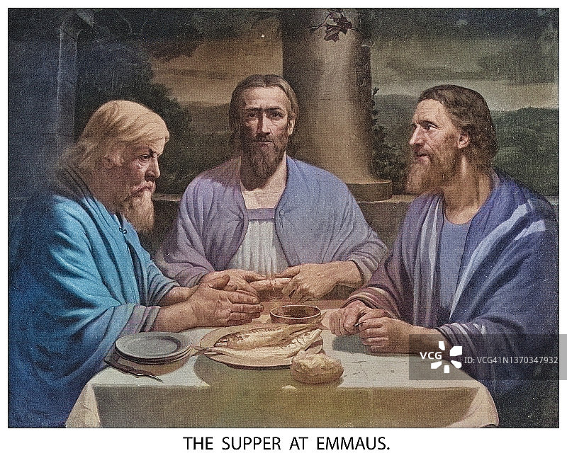 古老的雕刻插图，基督在以马忤斯，在以马忤斯的晚餐图片素材
