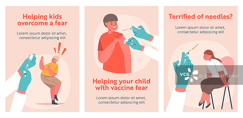 儿童害怕接种疫苗横幅。孩子或男孩和女孩的角色哭泣，保护医生拿着注射器图片素材