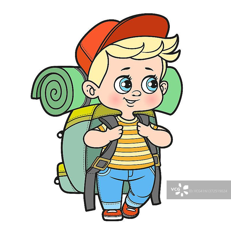 可爱的卡通男孩在帽子和一个巨大的背包旅行颜色变化的白色背景上着色图片素材